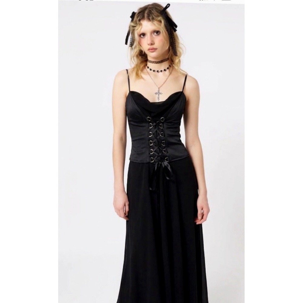 Vintage Cachet Y2K 90s Whimsigoth Corset Maxi Dress Size 6 Black Fairy Grunge